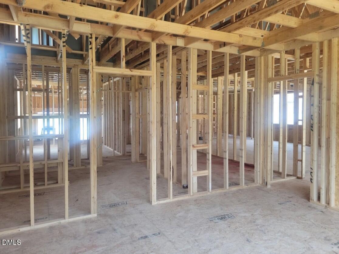 Wood framing of The Birch II A floor plan under construction in Tobacco Road, Angier, North Carolina.