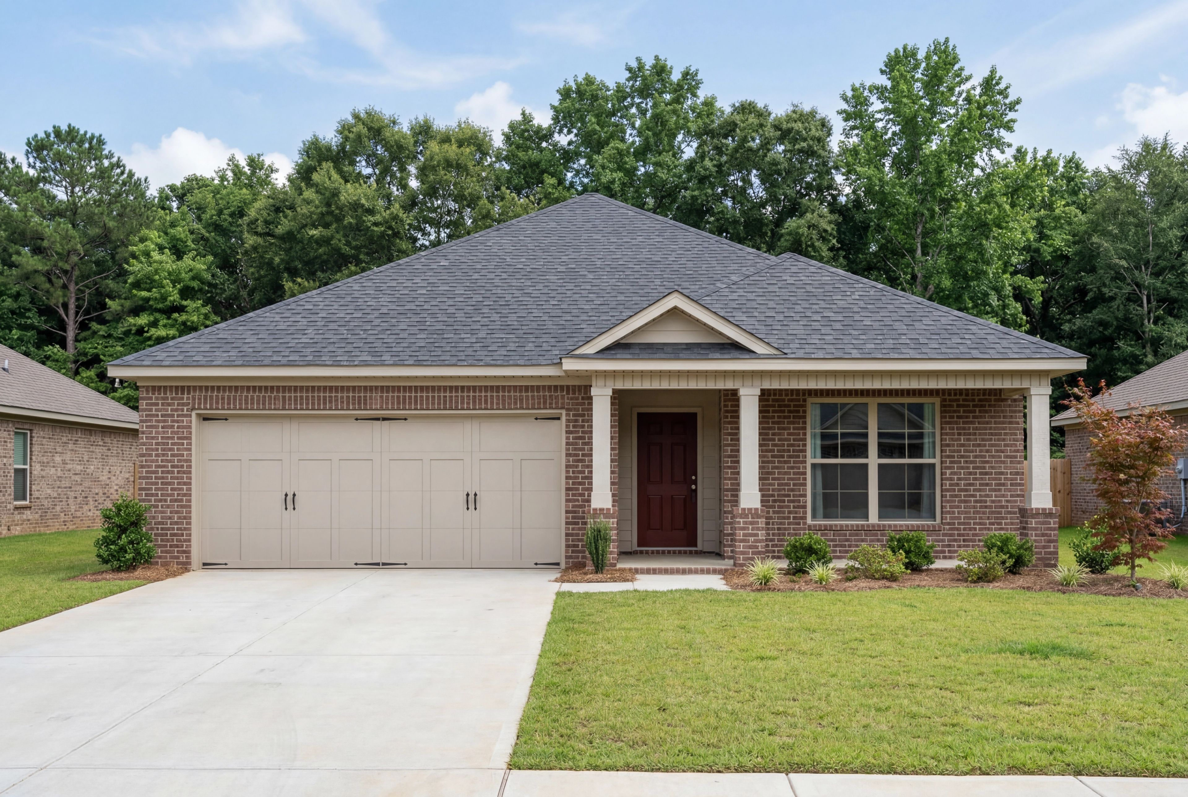 The Asheville B single-story home design featuring a brick exterior, two-car garage, and covered front porch entry.