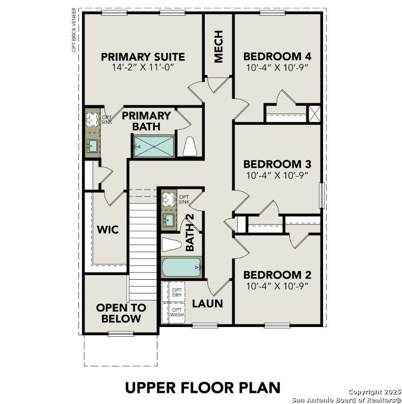 Upper floor plan of The Trinity D: primary suite, three bedrooms, baths in 4-bed Davidson Homes, Applewhite Meadows, San Antonio