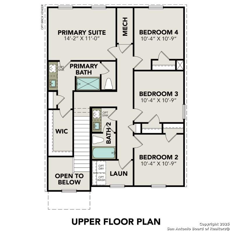 Upper floor plan of The Trinity D: primary suite with bath, three bedrooms, shared bath in Davidson Homes, San Antonio, Texas