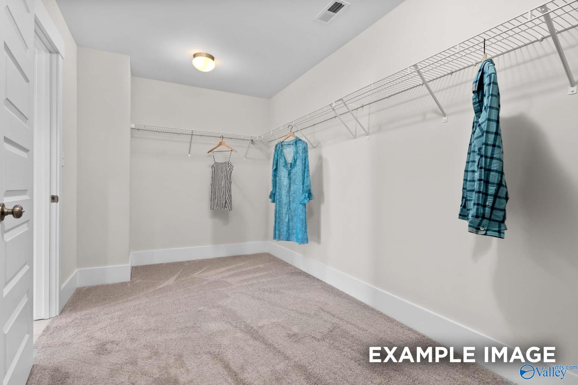 Spacious walk-in closet with wire shelving and carpet in Davidson Homes The Chelsea A floor plan, Ivy Hills, Toney, Alabama