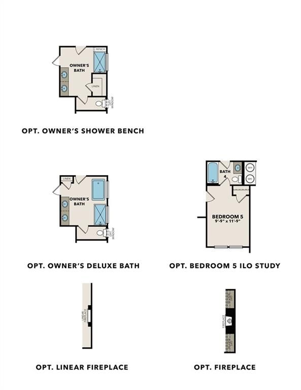 Owner's suite floor plan in Davidson Homes Harrison G: optional shower bench, deluxe bath, linear fireplace, bedroom/study in Winder, GA