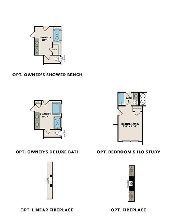 Owner's suite floor plan in Davidson Homes Harrison G: optional shower bench, deluxe bath, linear fireplace, bedroom/study in Winder, GA
