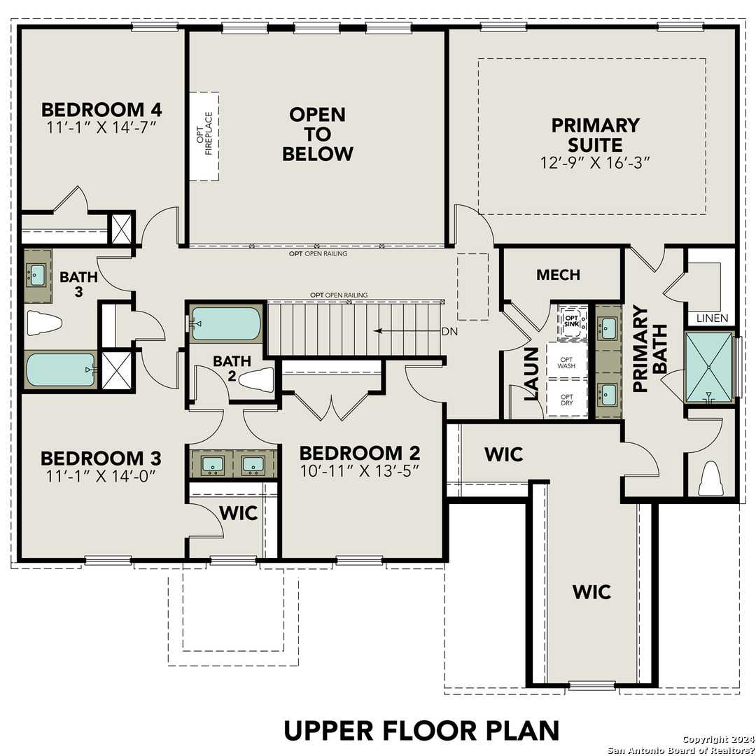 Upper floor plan of Danbury H: primary suite with bath and WIC, bedrooms 3-4, baths, linen closet in Castroville, TX home