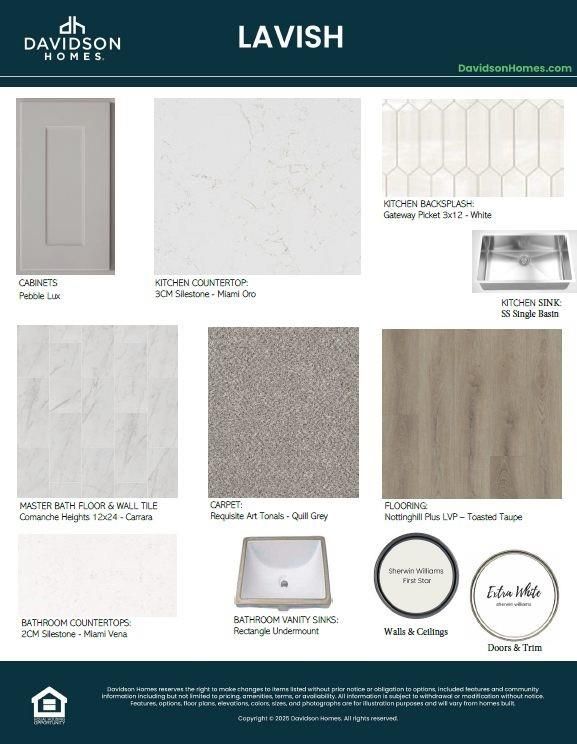 Interior design swatches: gray cabinets, white quartz counters, carpet tiles for Davidson Homes The Philip B in Rosharon, Texas