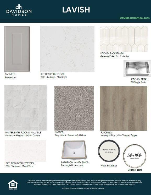 Material samples: white hex tile kitchen backsplash, quartz counters, gray carpet for Davidson Homes Philip B in Rosharon, Texas