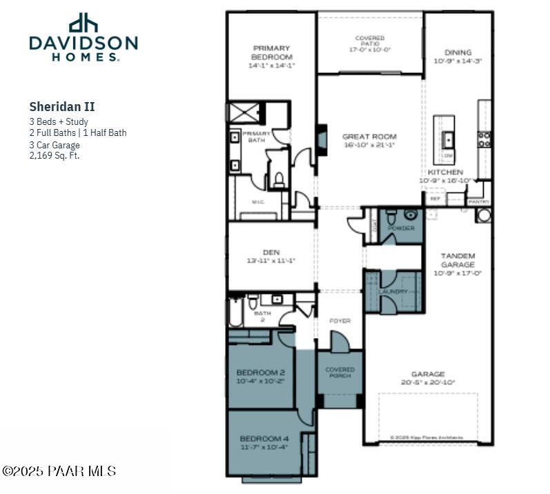 The Sheridan II F floor plan: 3-bedroom, 2.5-bath, 2,169 sq ft 1-story home with 3-car garage, Davidson Homes, Prescott AZ