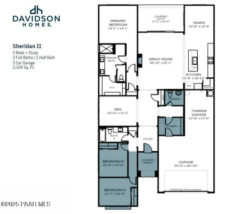 The Sheridan II F floor plan: 3-bedroom, 2.5-bath, 2,169 sq ft 1-story home with 3-car garage, Davidson Homes, Prescott AZ