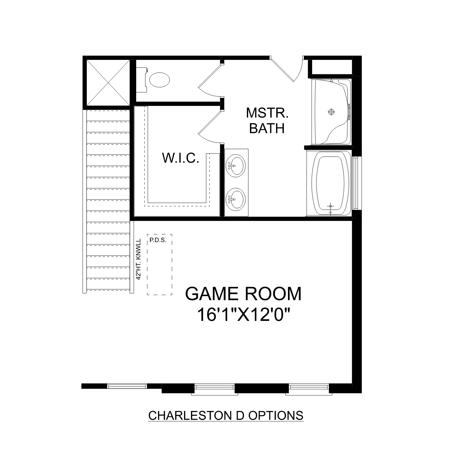 Upper floor plan of The Charleston by Davidson Homes featuring master suite, 16x12 game room, walk-in closet, and dual baths