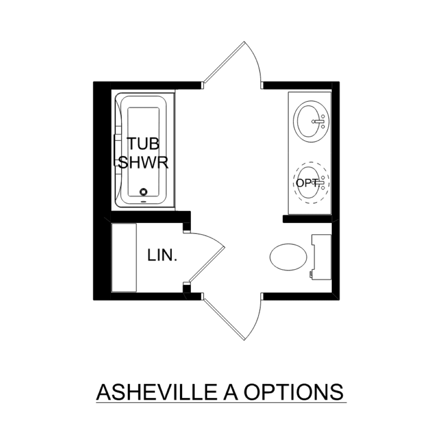 Master bathroom floor plan of The Asheville home design featuring bathtub, separate shower, dual sinks, toilet, and linen closet
