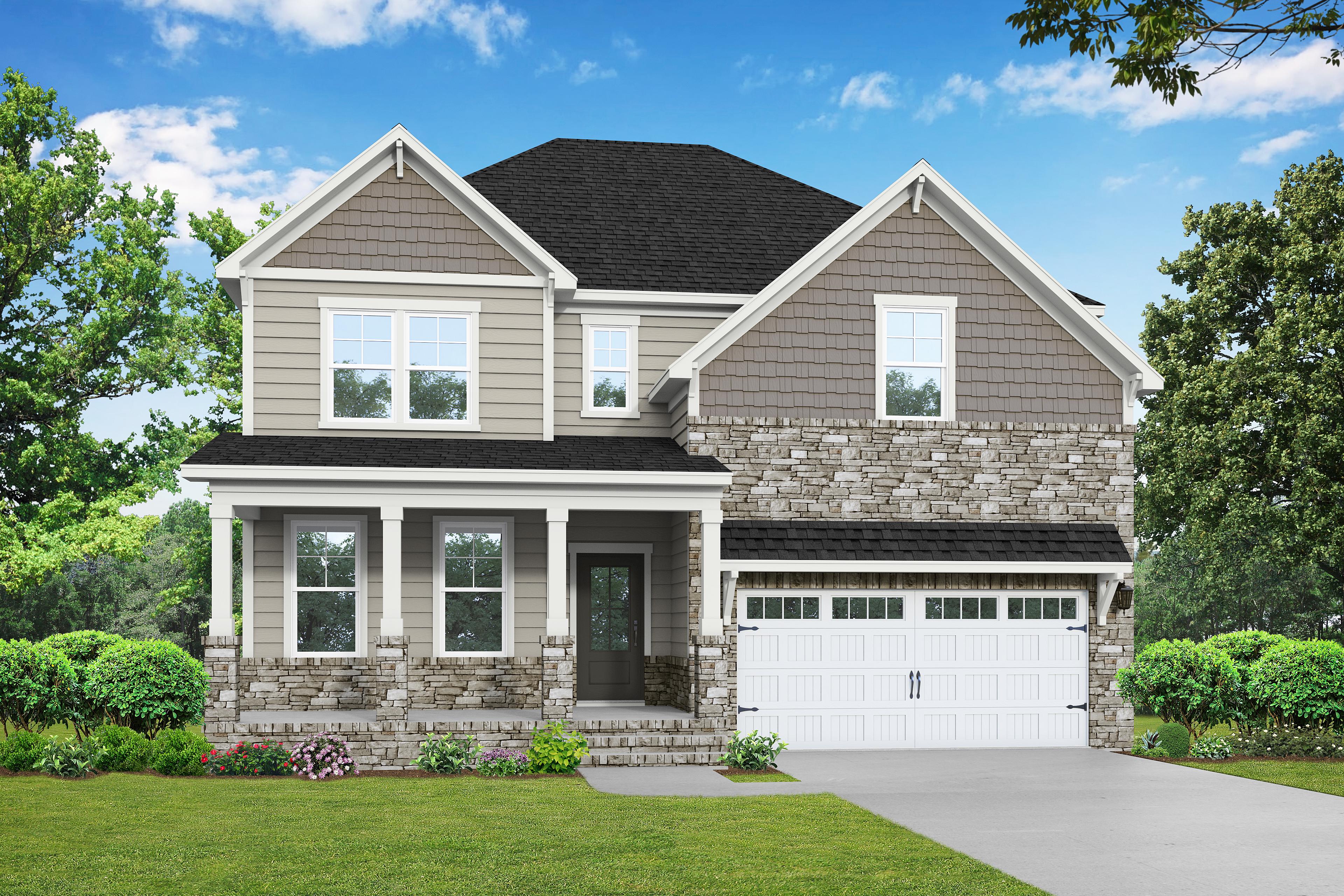 Two-story Hemlock home elevation by Davidson Homes in Belmont NC, with stone accents, gray siding, gabled roof, and two-car garage