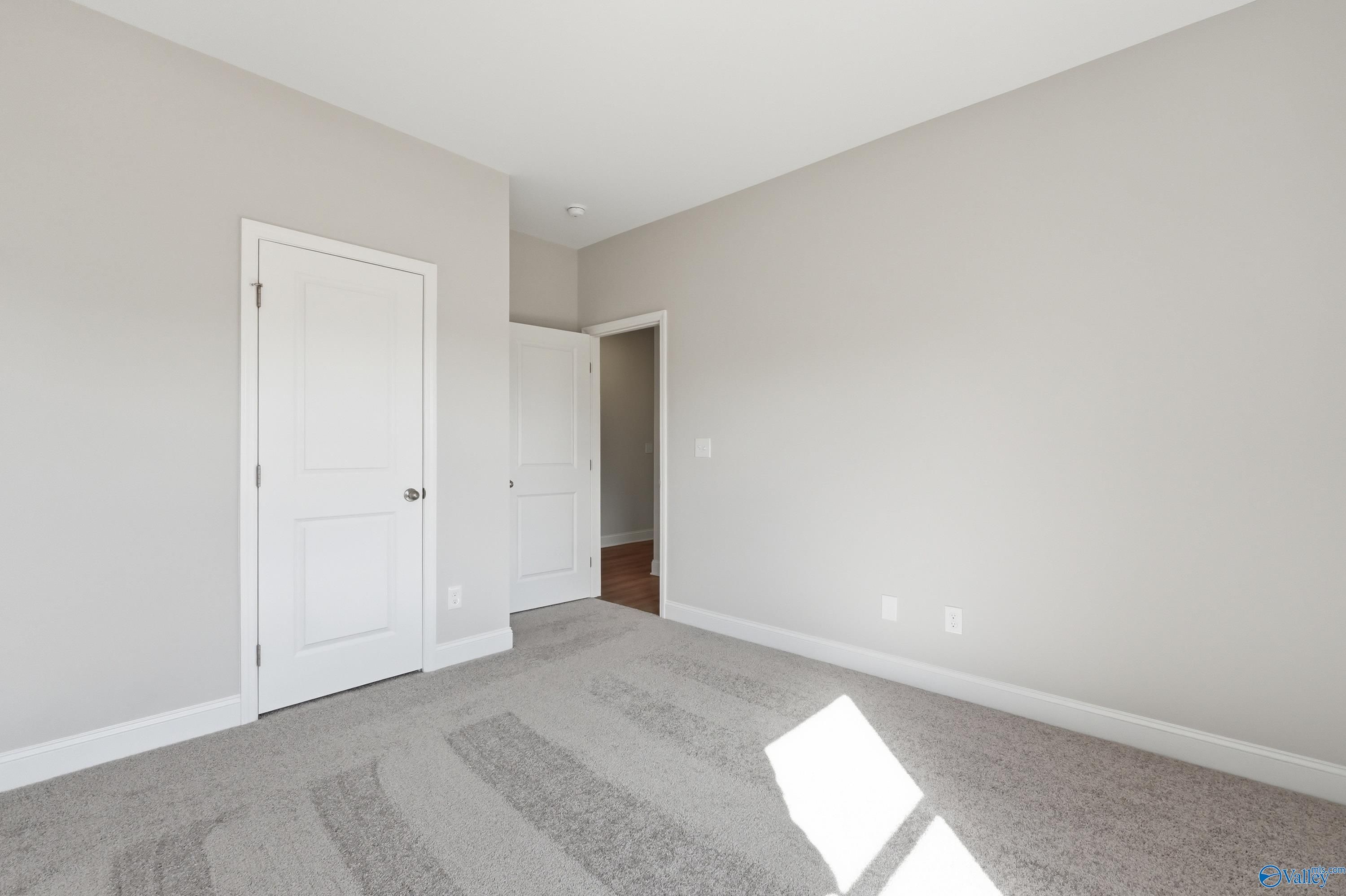 Bright secondary bedroom with neutral gray walls, plush carpet, white doors, and adjacent bath in Davidson Homes Asheville C, Huntsville AL