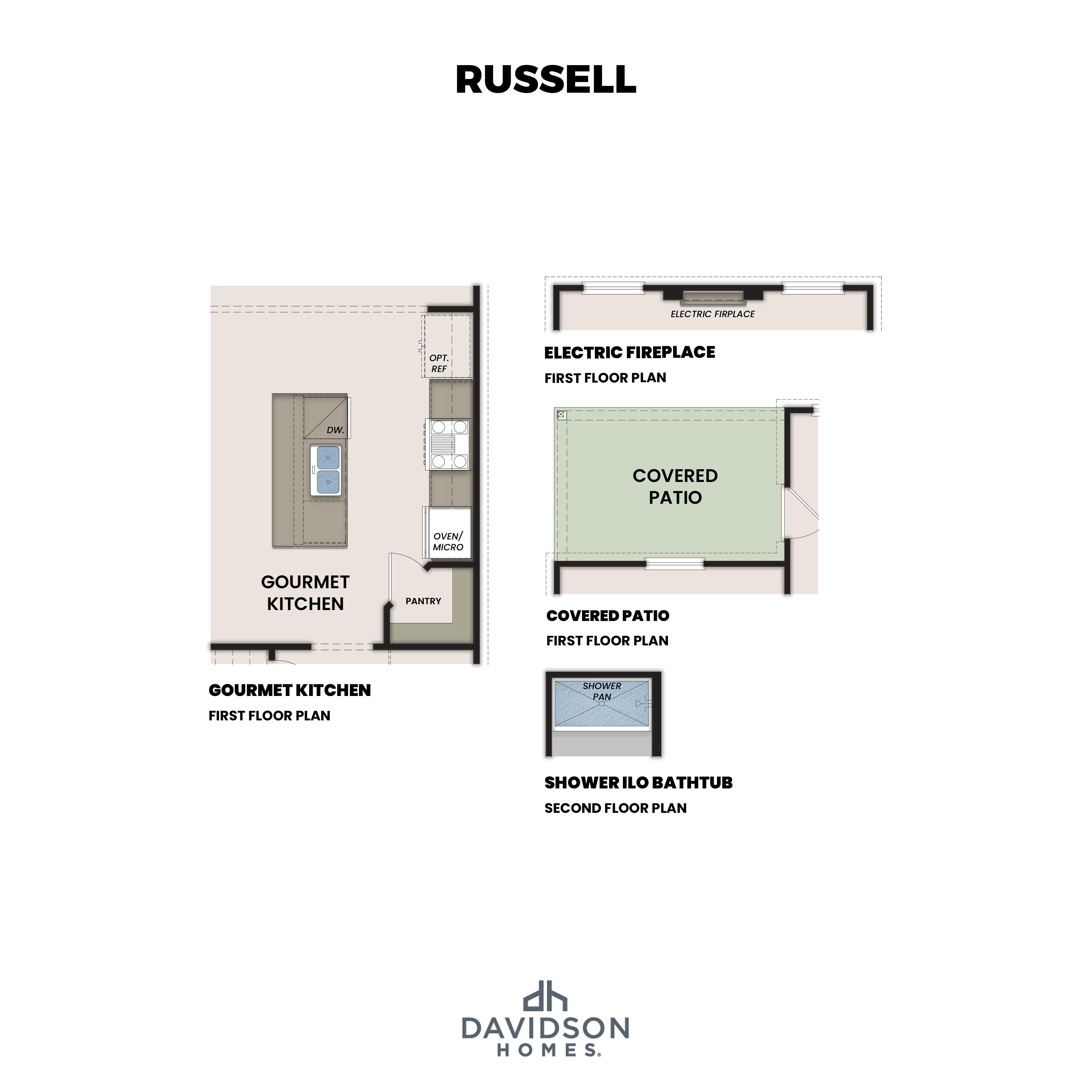 The Russell A first floor plan featuring gourmet kitchen with island, pantry, and covered patio plus second floor master bath