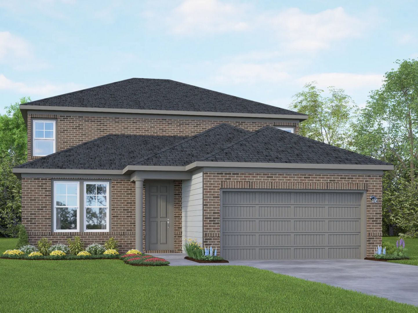 Two-story brick home with 2-car garage, dark shingle roof, and landscaped yard in Royal Crest, San Antonio, Texas - Davidson Homes The Douglas E