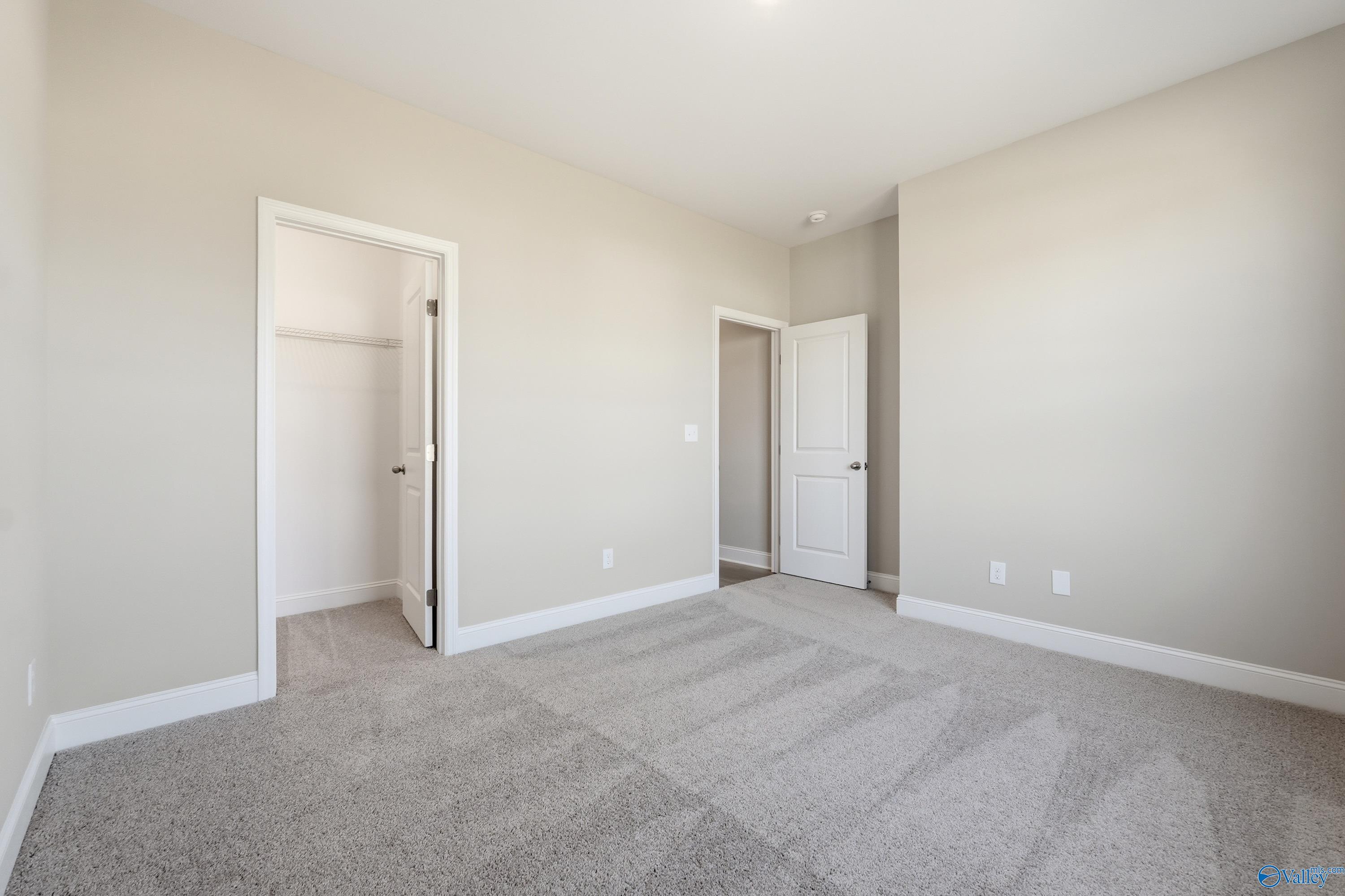 Spacious empty bedroom with open walk-in closet, beige walls, and carpeted floor in Davidson Homes The Rockford, Harvest, Alabama