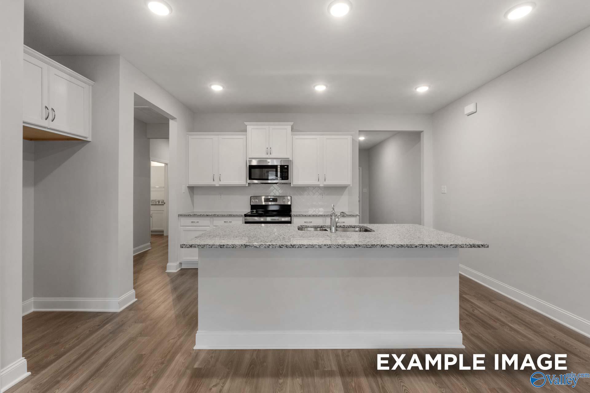 Modern open-concept kitchen with white cabinets, granite island, stainless appliances in Davidson Homes Cumberland B, Decatur AL