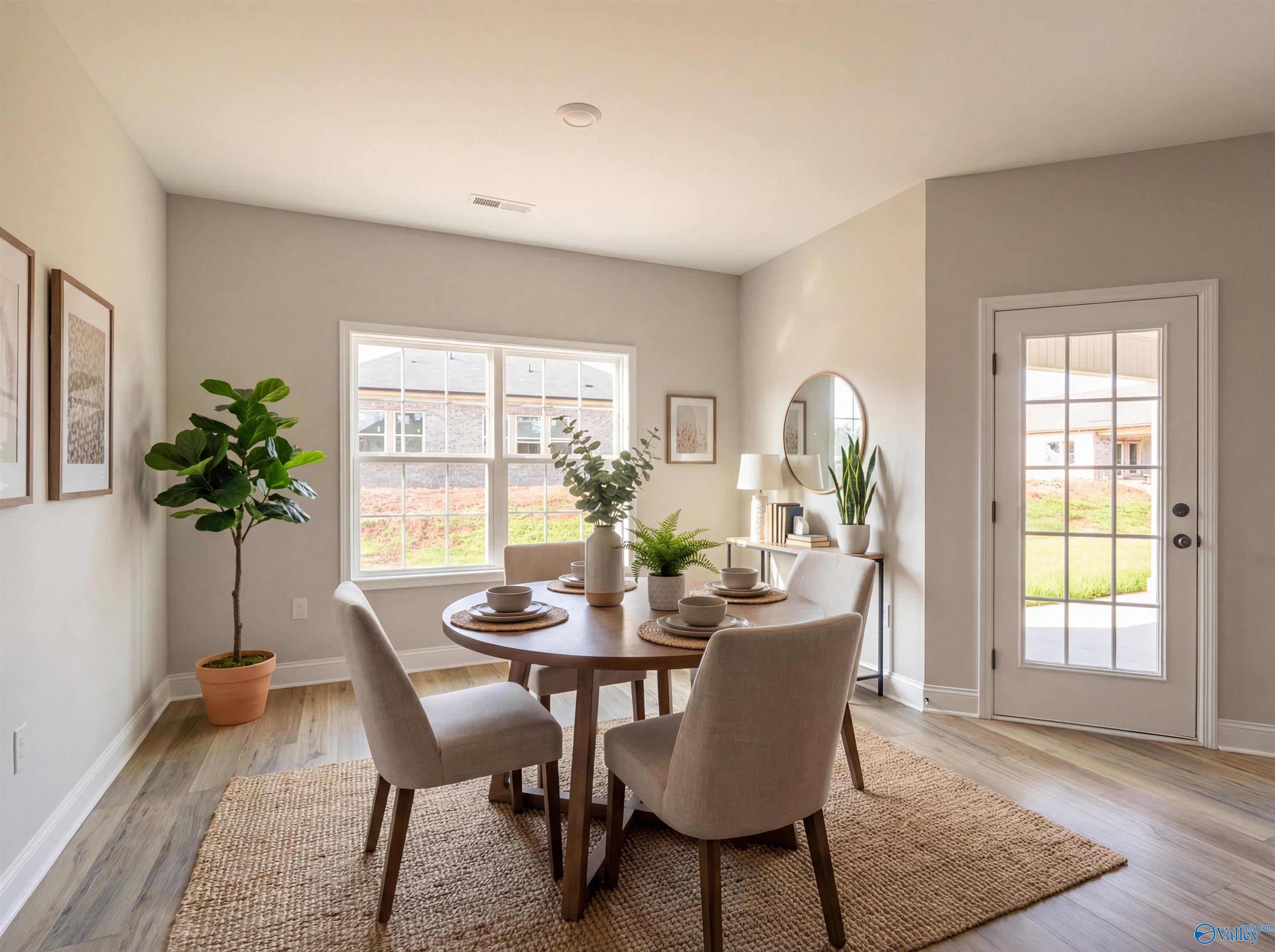 Cozy dining room with round wood table, beige chairs, potted fiddle leaf fig, and French doors to yard in Davidson Homes The Rockford, Toney, Alabama