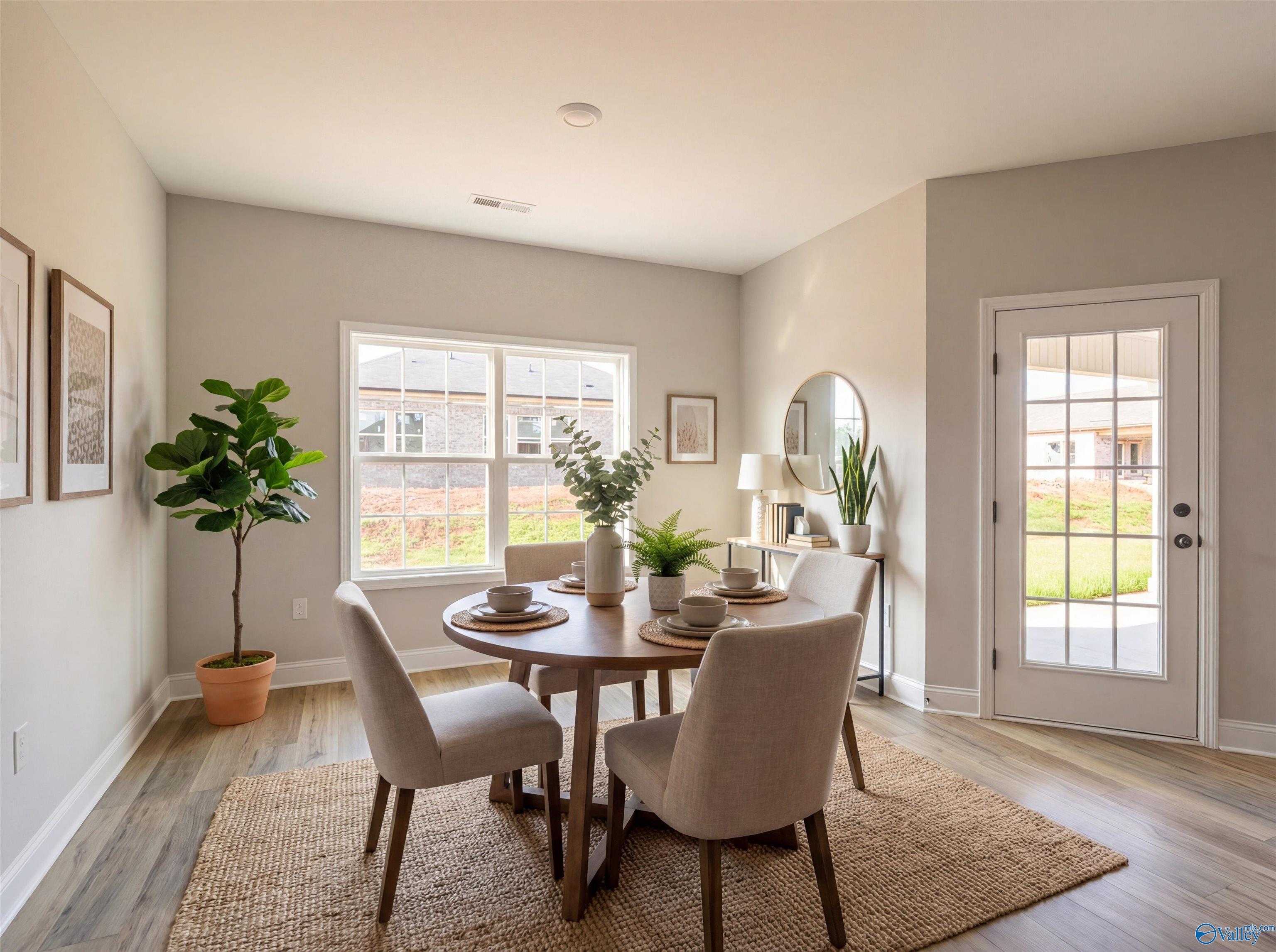 Cozy dining room with round wood table, beige chairs, potted fiddle leaf fig, and French doors to yard in Davidson Homes The Rockford, Toney, Alabama
