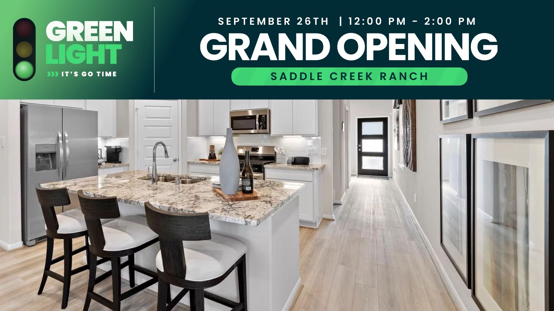 Grand opening event invitation for Saddle Creek Ranch featuring a modern kitchen with granite island in a Davidson Homes model.