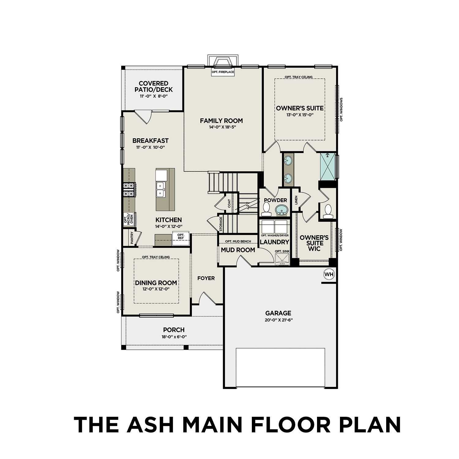 Main floor plan of The Ash A: open kitchen, dining, family room, owner's suite, 2-car garage in Gallatin, TN home