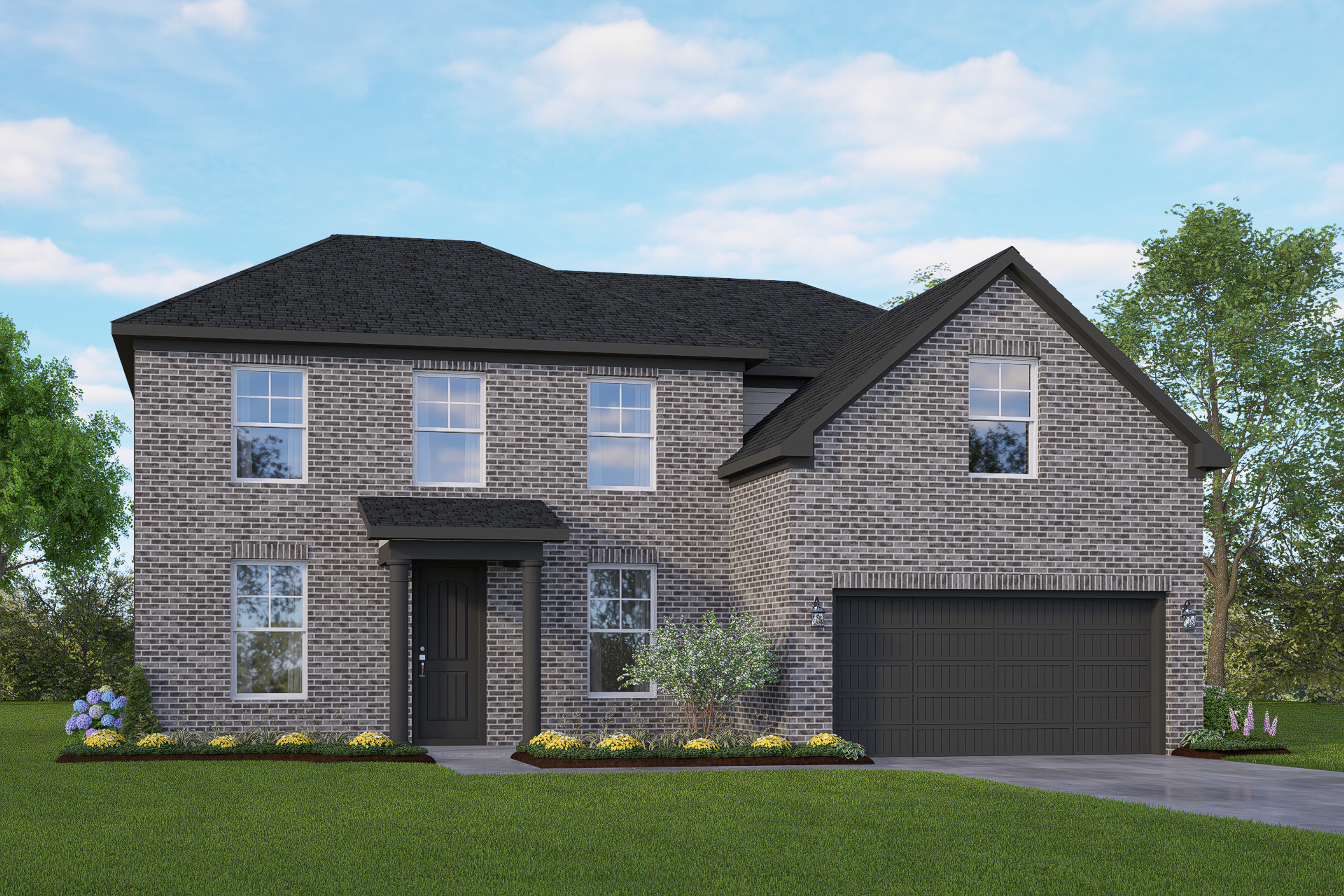 Modern two-story brick facade of The Danbury showcasing 2-car garage, black roof, and landscaped yard in San Antonio