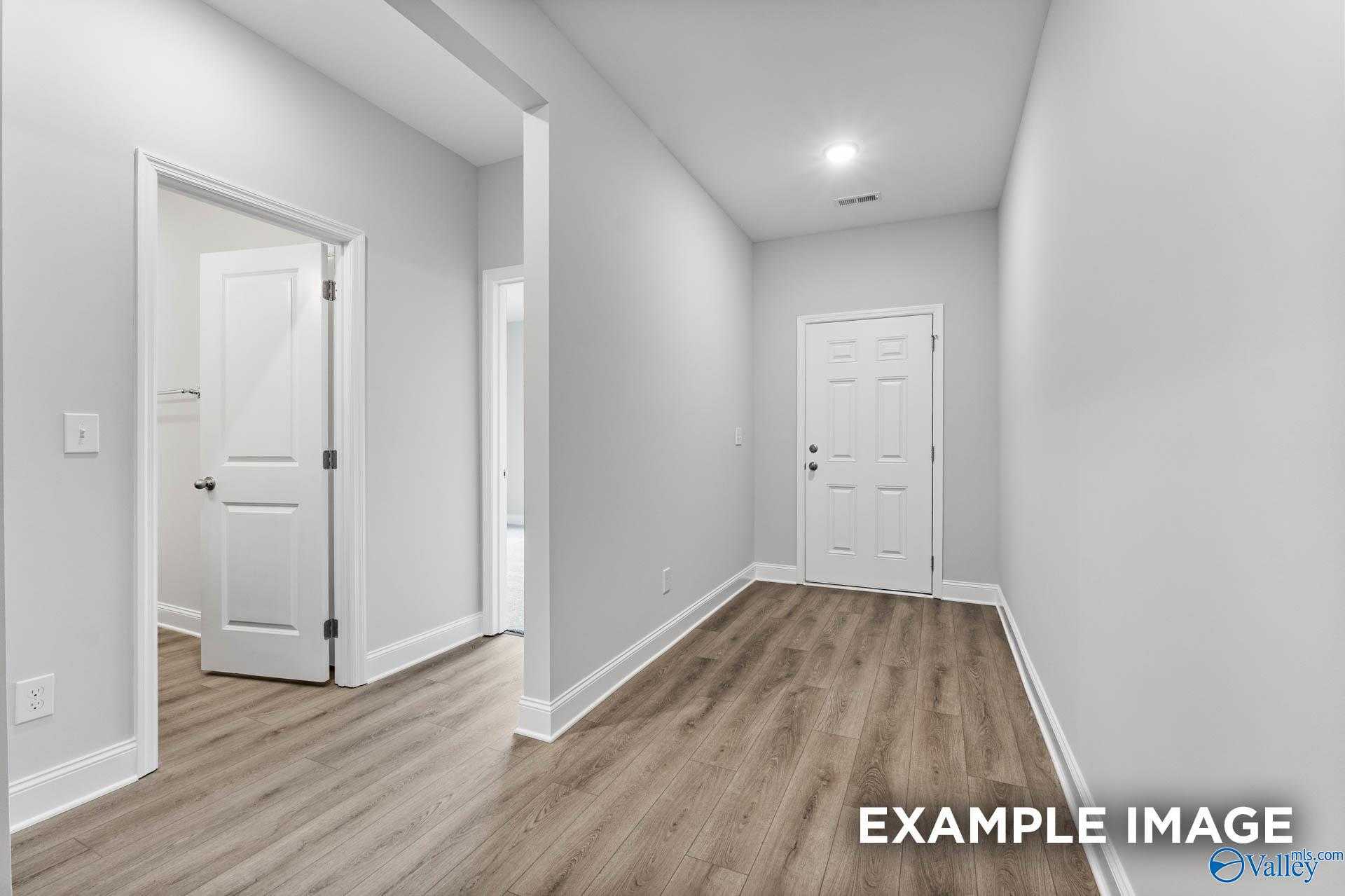 Bright hallway with light hardwood floors and white paneled doors in 4-bedroom Davidson Homes The Daphne C, Arab, Alabama