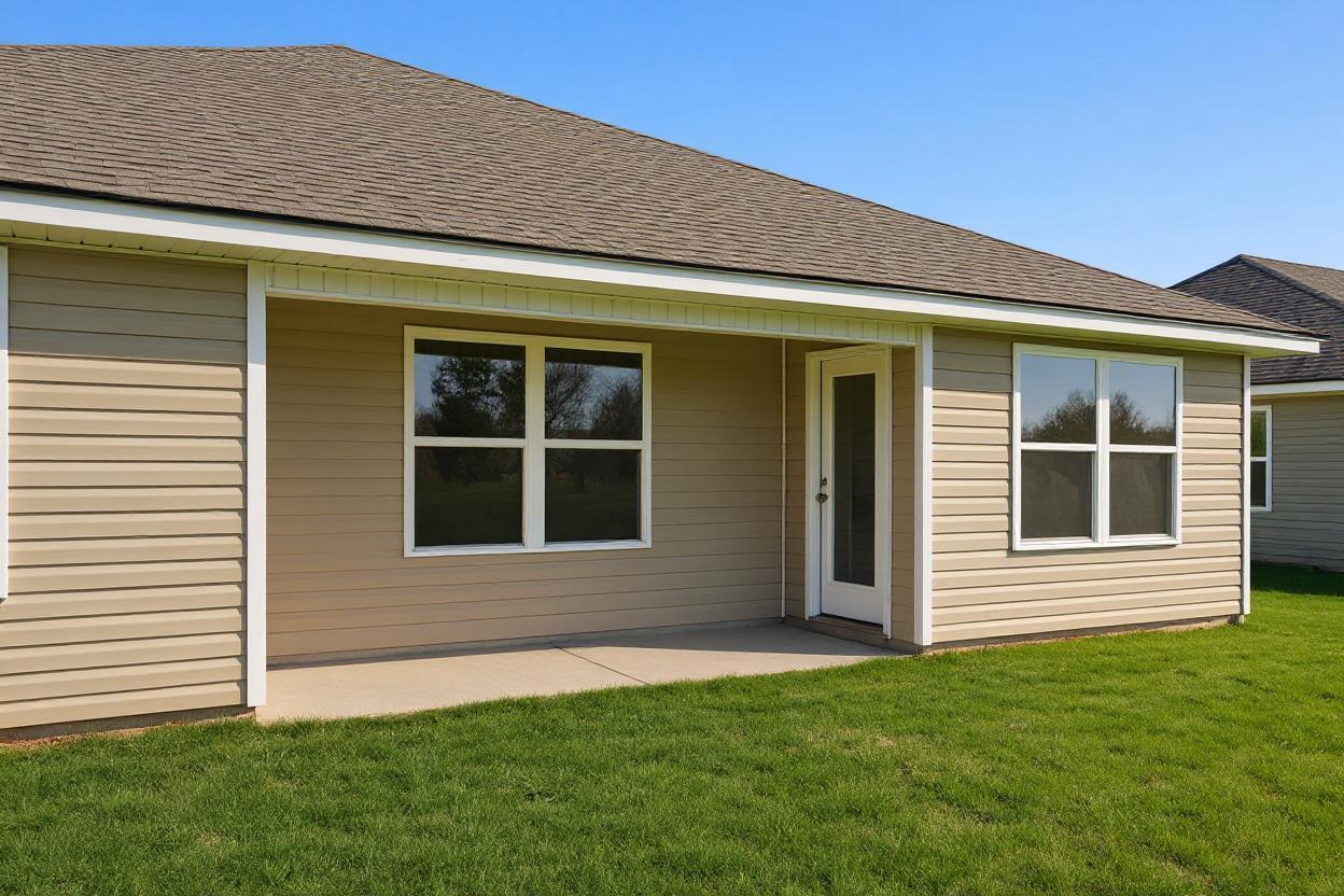 Side view of beige single-story home at Chapel Hill in Athens, Alabama with covered porch, double windows, and green lawn