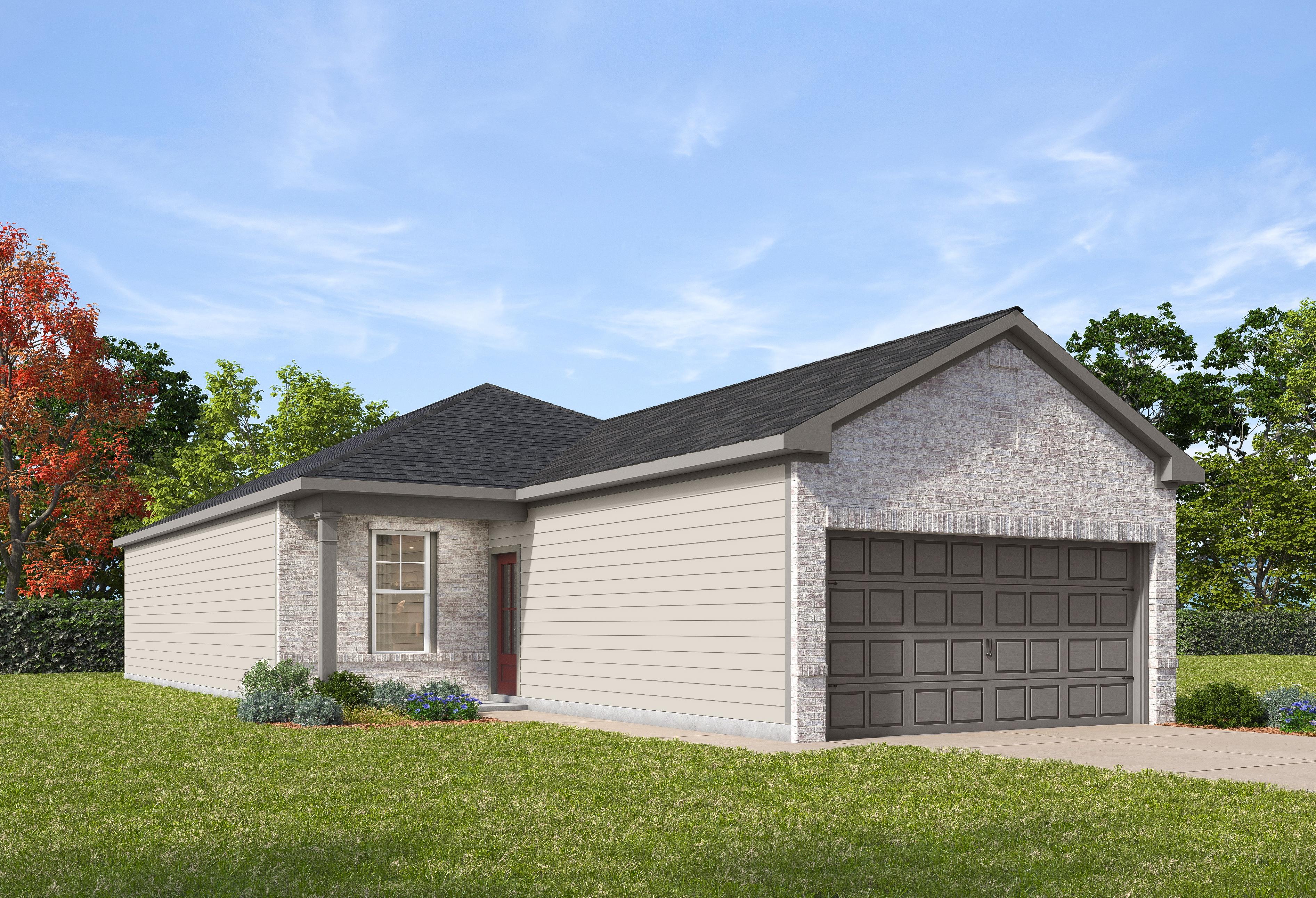 Single-story The Comal elevation by Davidson Homes in Conroe Texas, with beige siding, brick accents, two-car garage