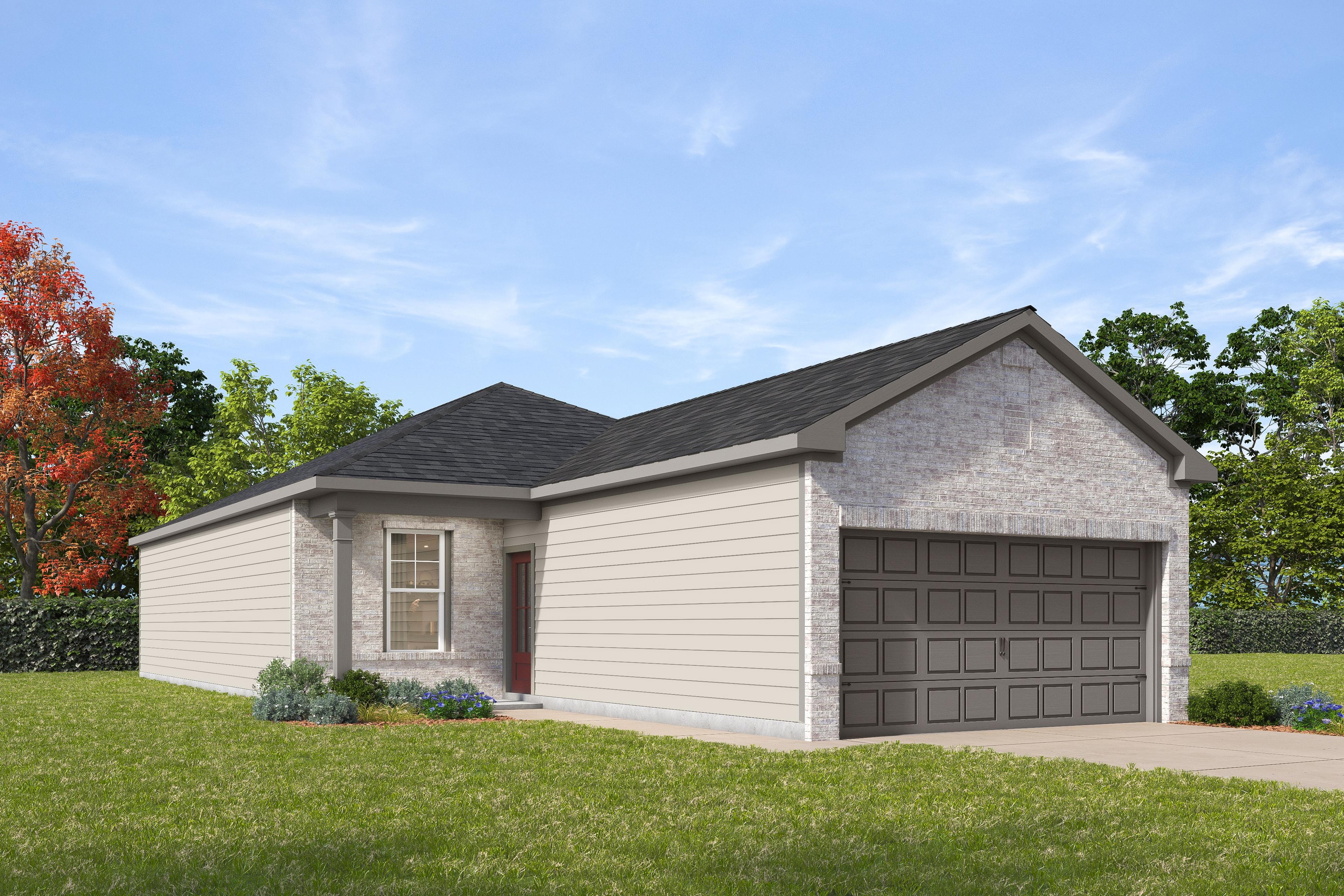 Single-story The Comal elevation by Davidson Homes in Conroe Texas, with beige siding, brick accents, two-car garage