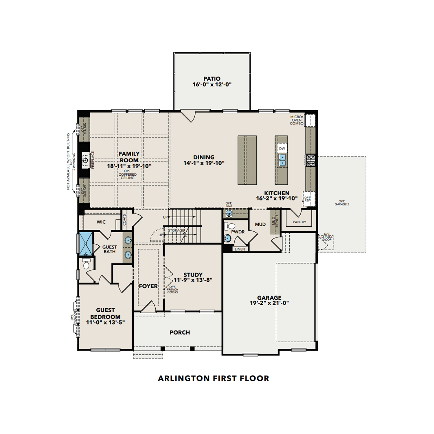 First floor plan of The Arlington A showcasing open-concept kitchen, family room, dining, study, and 3-car garage