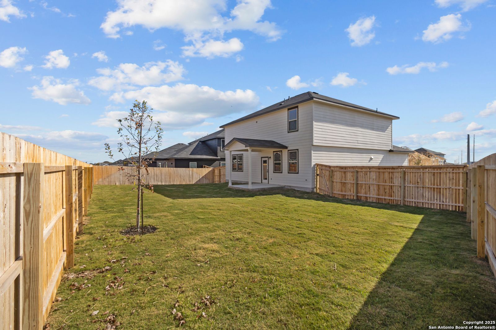 Spacious fenced backyard with lush green lawn, young tree, and covered patio on two-story Davidson Homes Douglas C in Hannah Heights, Seguin, Texas