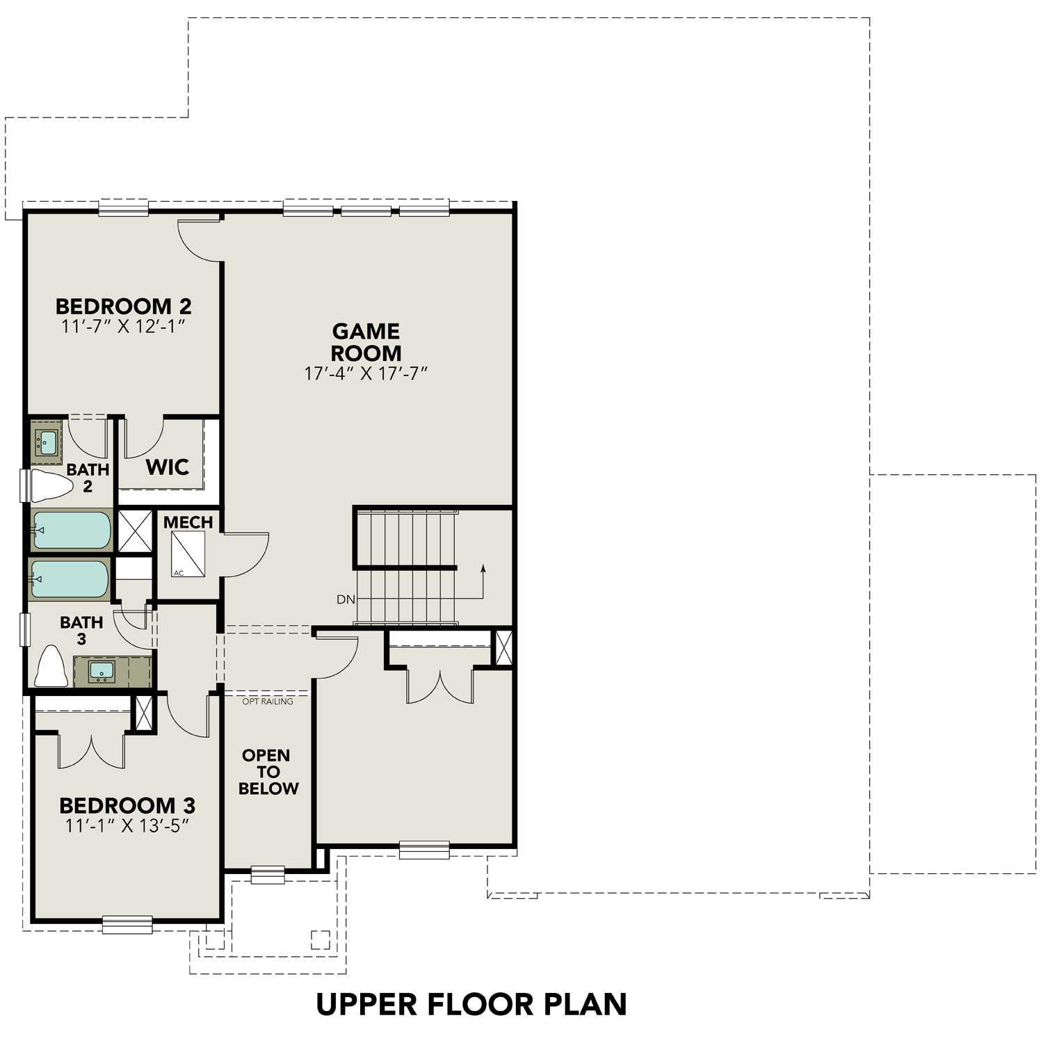 Second floor layout of The Philip A 2-story home: bedrooms, game room, full bath, open to below in Davidson Homes design
