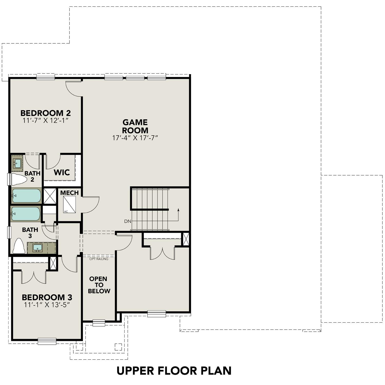 Second floor layout of The Philip B by Davidson Homes, showcasing game room, bedrooms 2-3, baths, and open areas