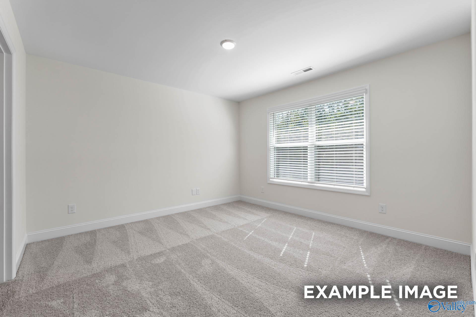 Bright secondary bedroom with beige walls, plush carpet, and window blinds in Davidson Homes Shelby A, Hazel Green, AL