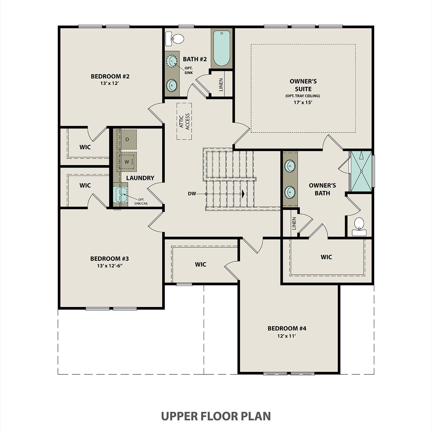 Upper floor plan of The Willow home with owner's suite, 3 bedrooms, baths, laundry in Gallatin, Tennessee