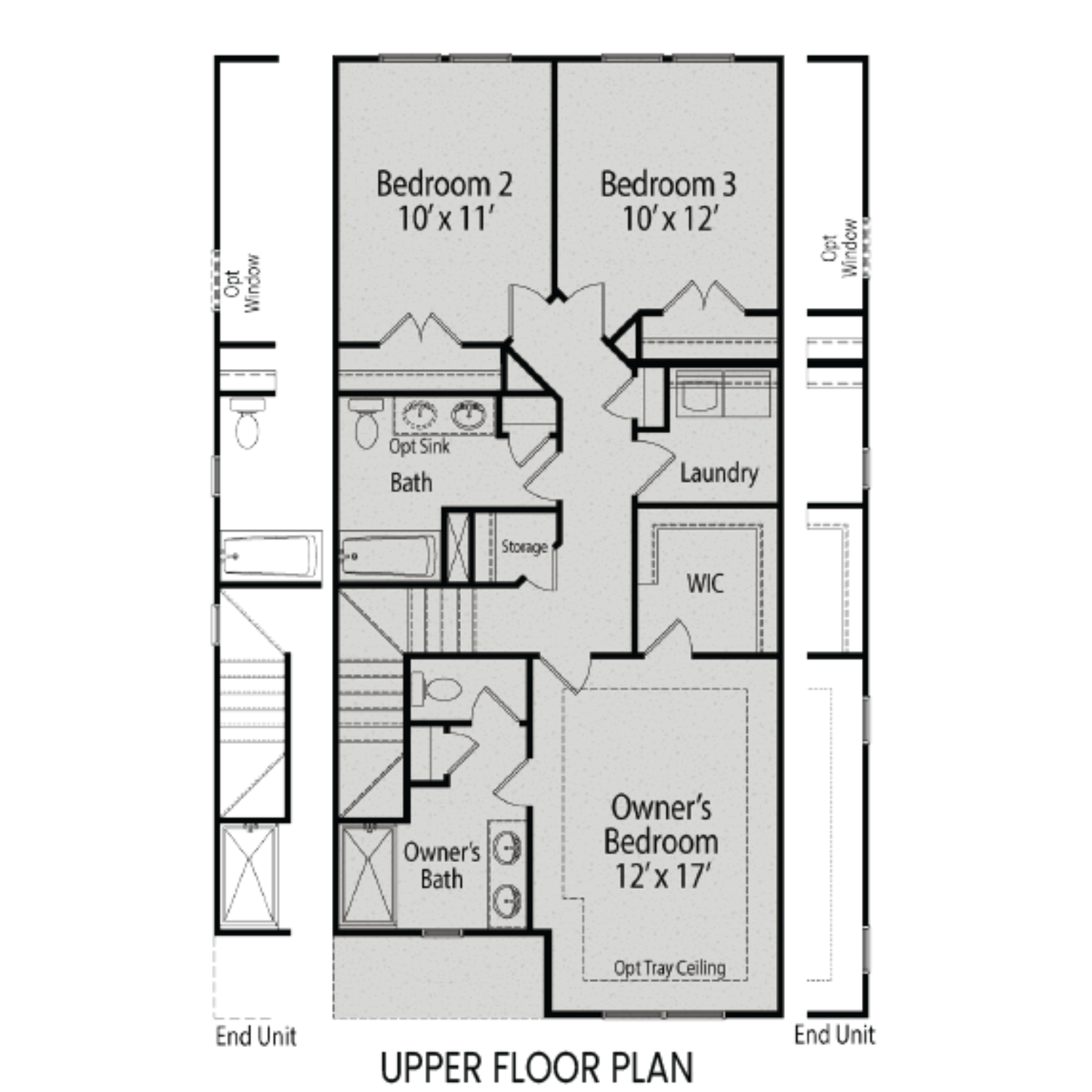 Upper floor plan of The Warren 3-bedroom multi-family home, showcasing master suite, baths, laundry, and secondary bedrooms