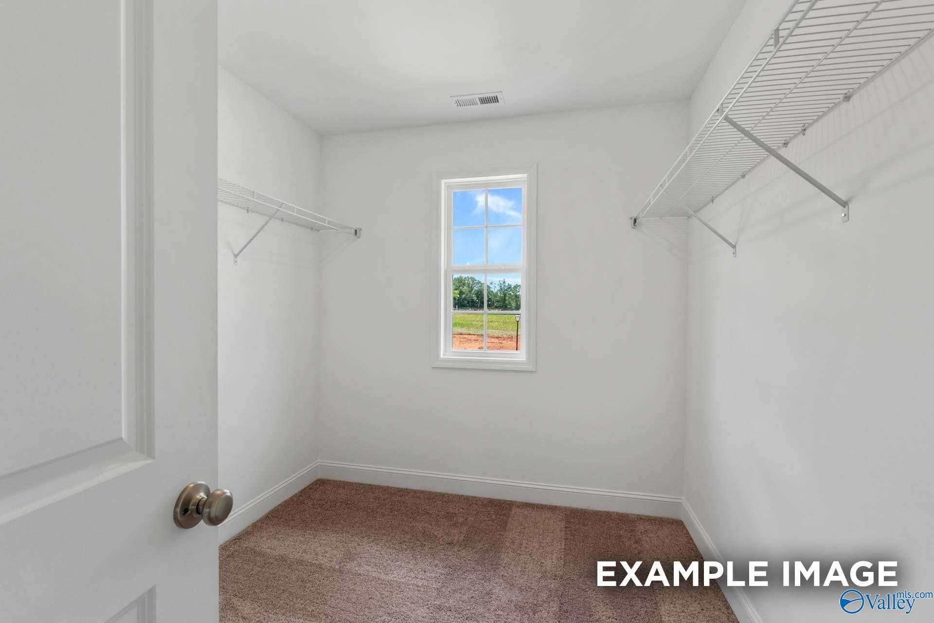 Bright walk-in closet with wire shelving, window view of trees, in The Shelby C 4-bedroom home by Davidson Homes, Meridianville, Alabama