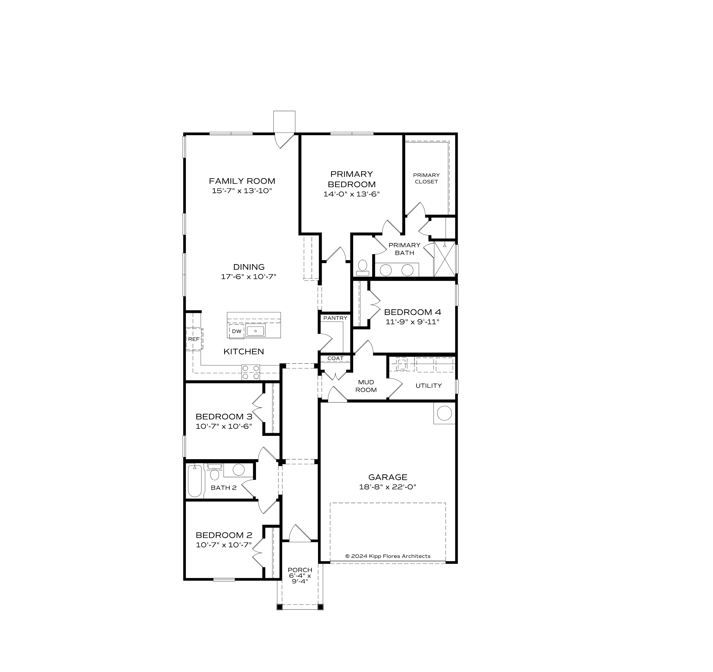 The Aurora A floor plan: 1-story 3-4 bedroom layout with primary suite, open kitchen-dining, family room, 2 baths, 2-car garage