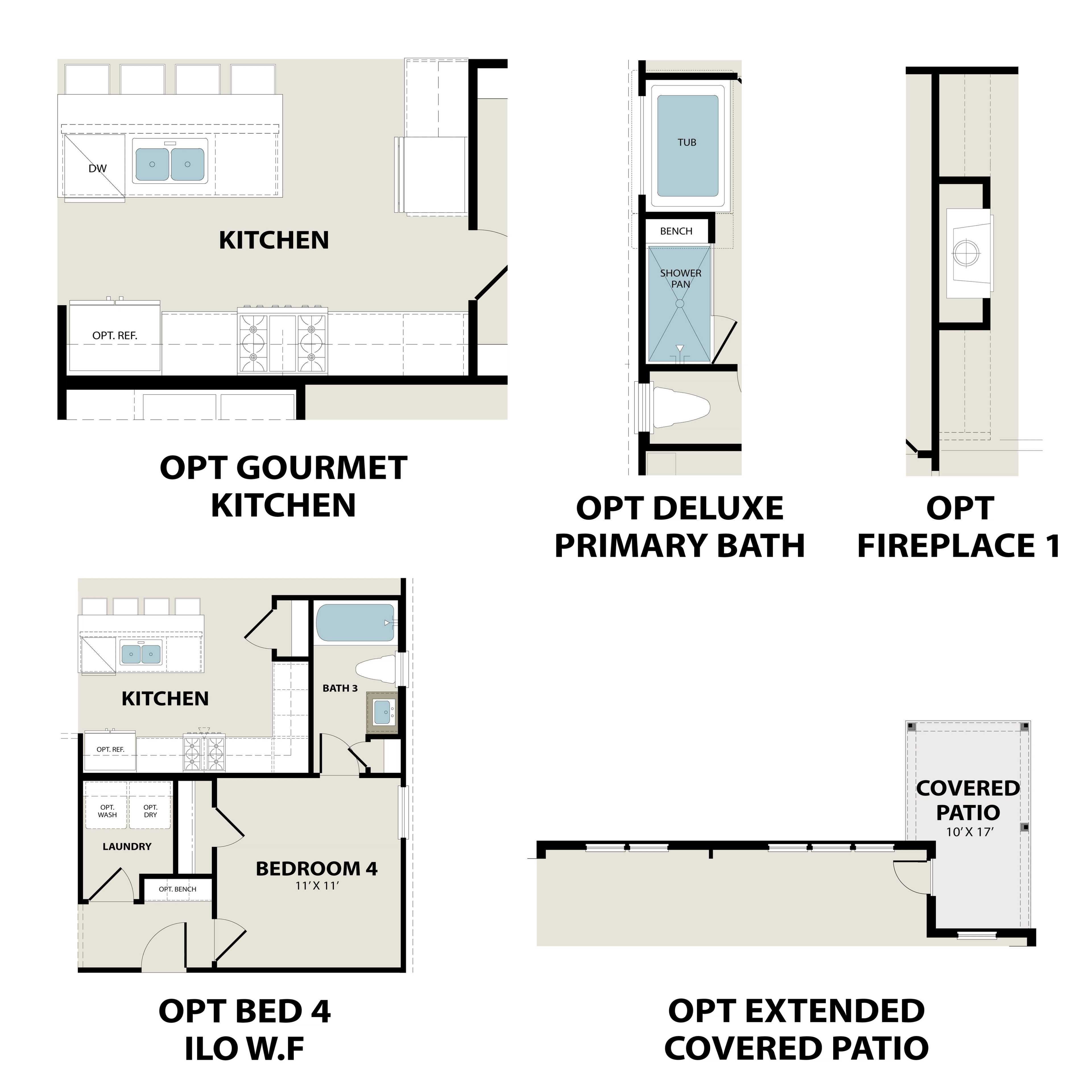 The Laurel N floor plan featuring optional gourmet kitchen, deluxe primary bath, bedroom 4, and extended covered patio