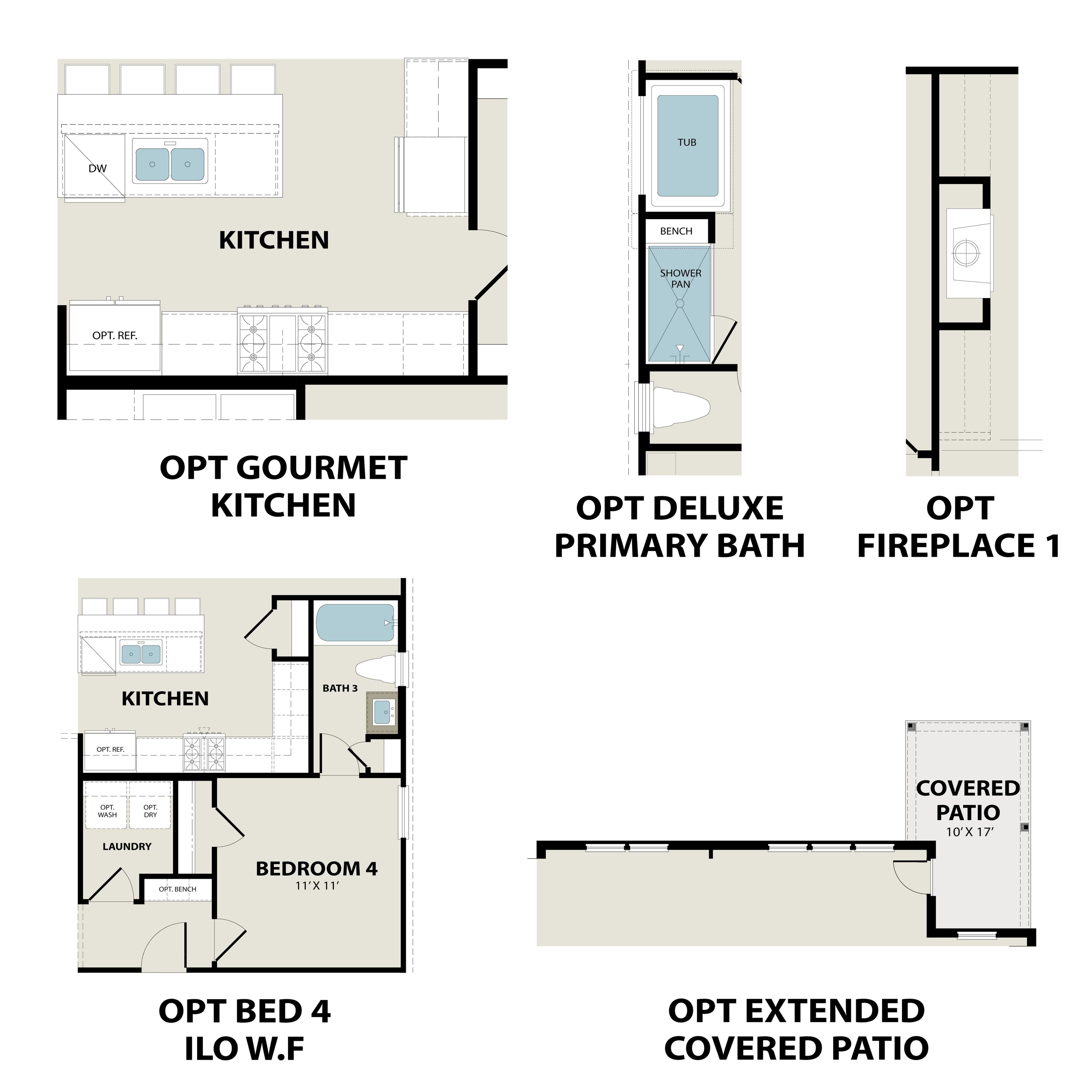 The Laurel M floor plan by Davidson Homes: optional gourmet kitchen, primary bath, bedroom 4, and extended covered patio layout