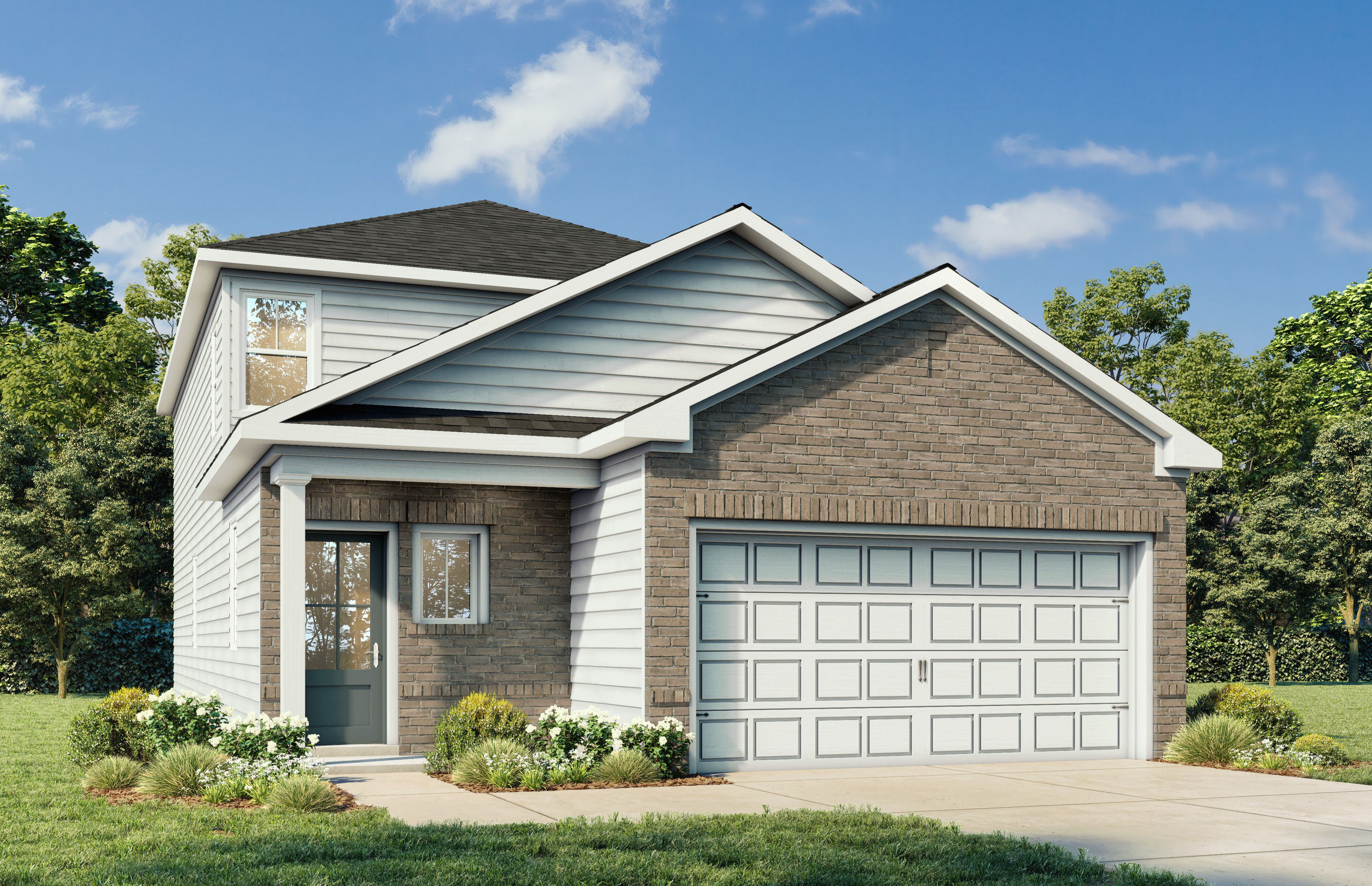 Two-story Pinecrest home elevation with brick and siding exterior, two-car garage, front porch, and lush landscaping in San Antonio