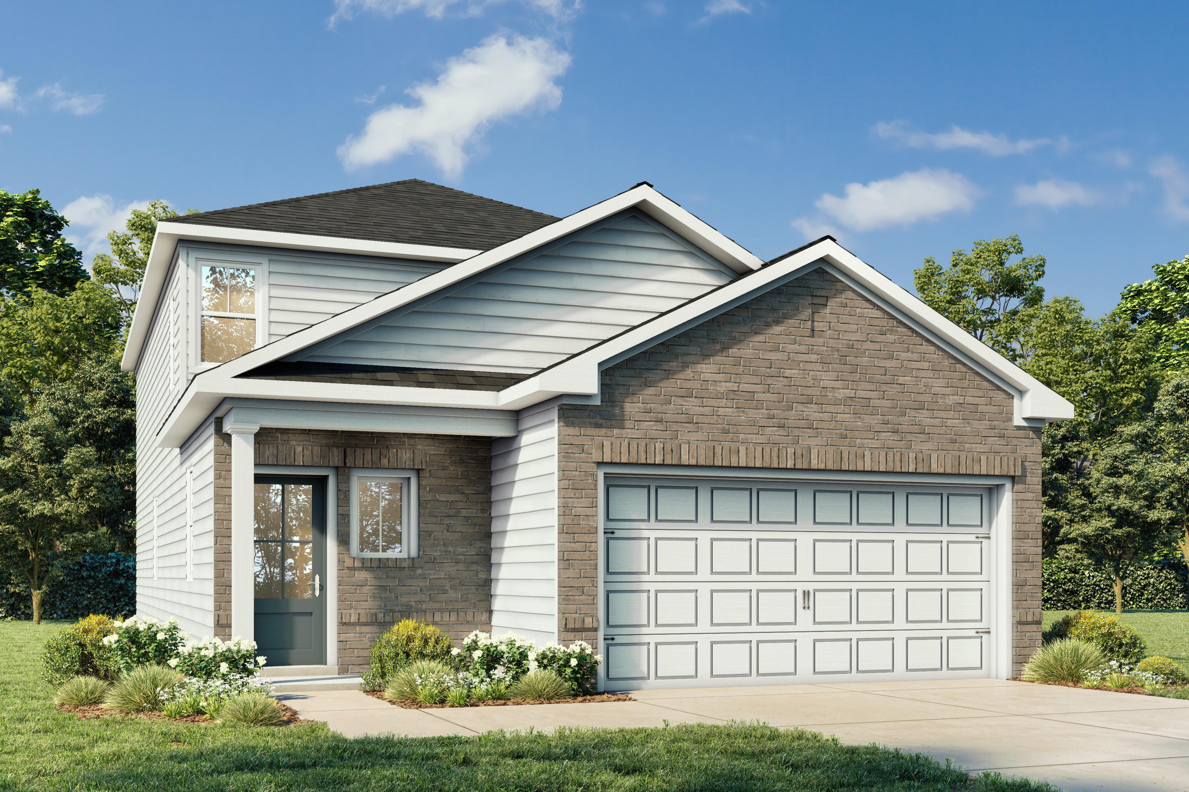 Two-story Pinecrest home elevation with brick and siding exterior, two-car garage, front porch, and lush landscaping in San Antonio
