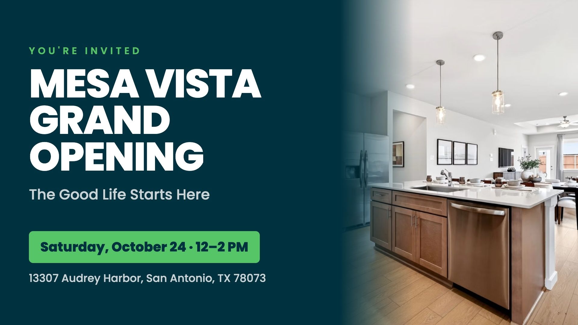 Mesa Vista grand opening event invitation by Davidson Homes featuring modern model home kitchen in San Antonio, TX new homes community.
