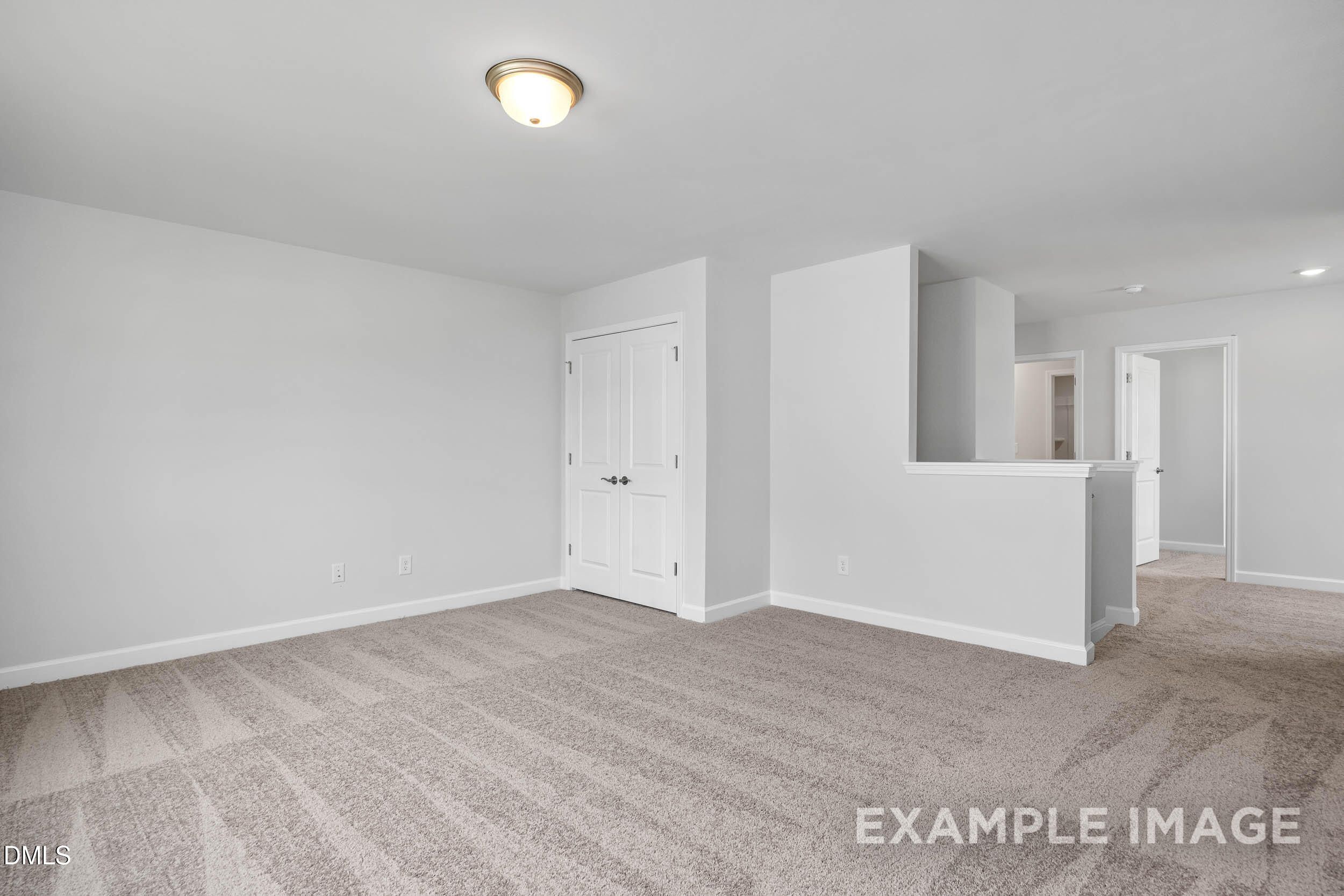 Spacious empty bedroom with white walls, beige carpet, walk-in closet doors, and en-suite access in Davidson Homes The Ash B, Lillington NC