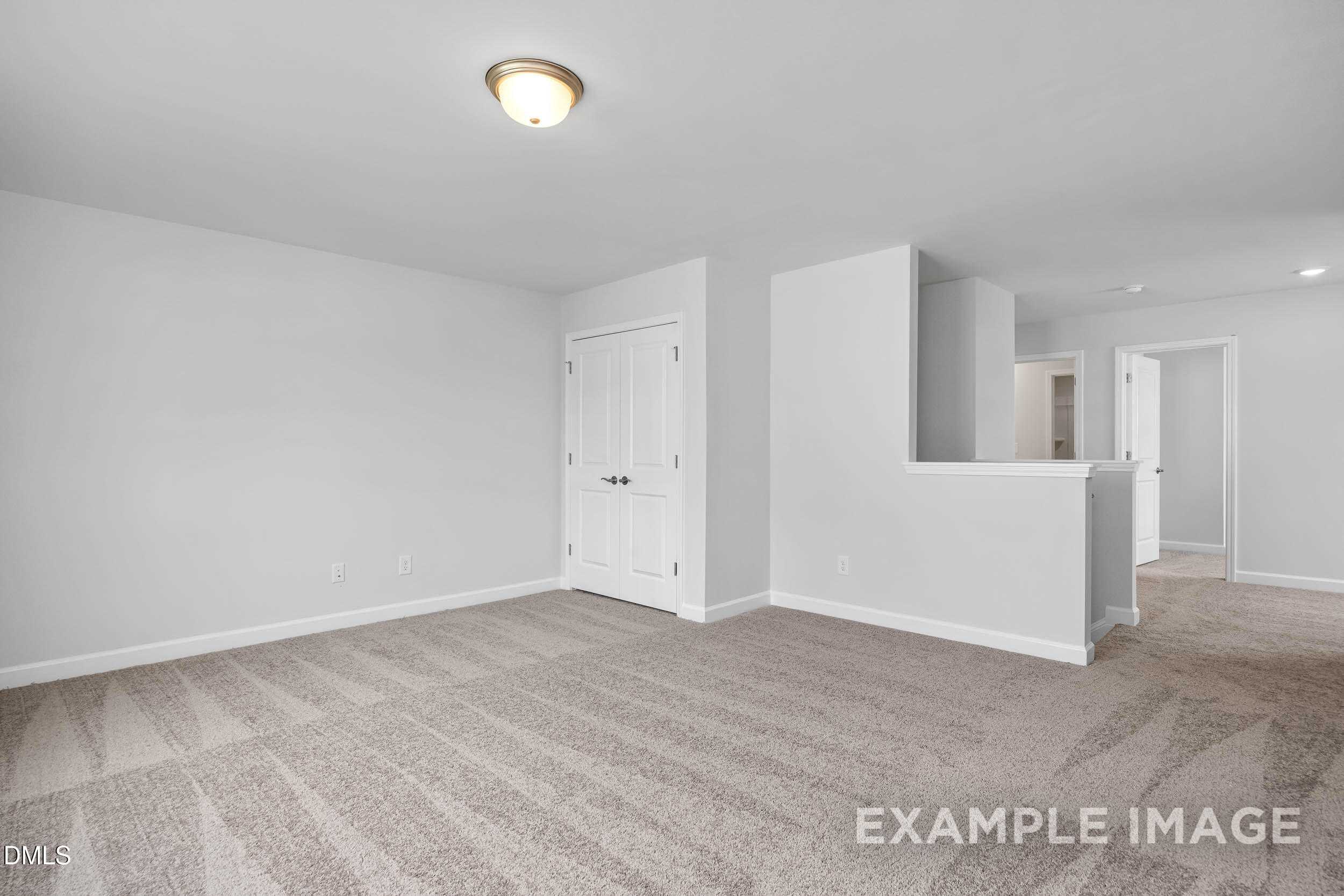Spacious empty bedroom with white walls, beige carpet, walk-in closet doors, and en-suite access in Davidson Homes The Ash B, Lillington NC