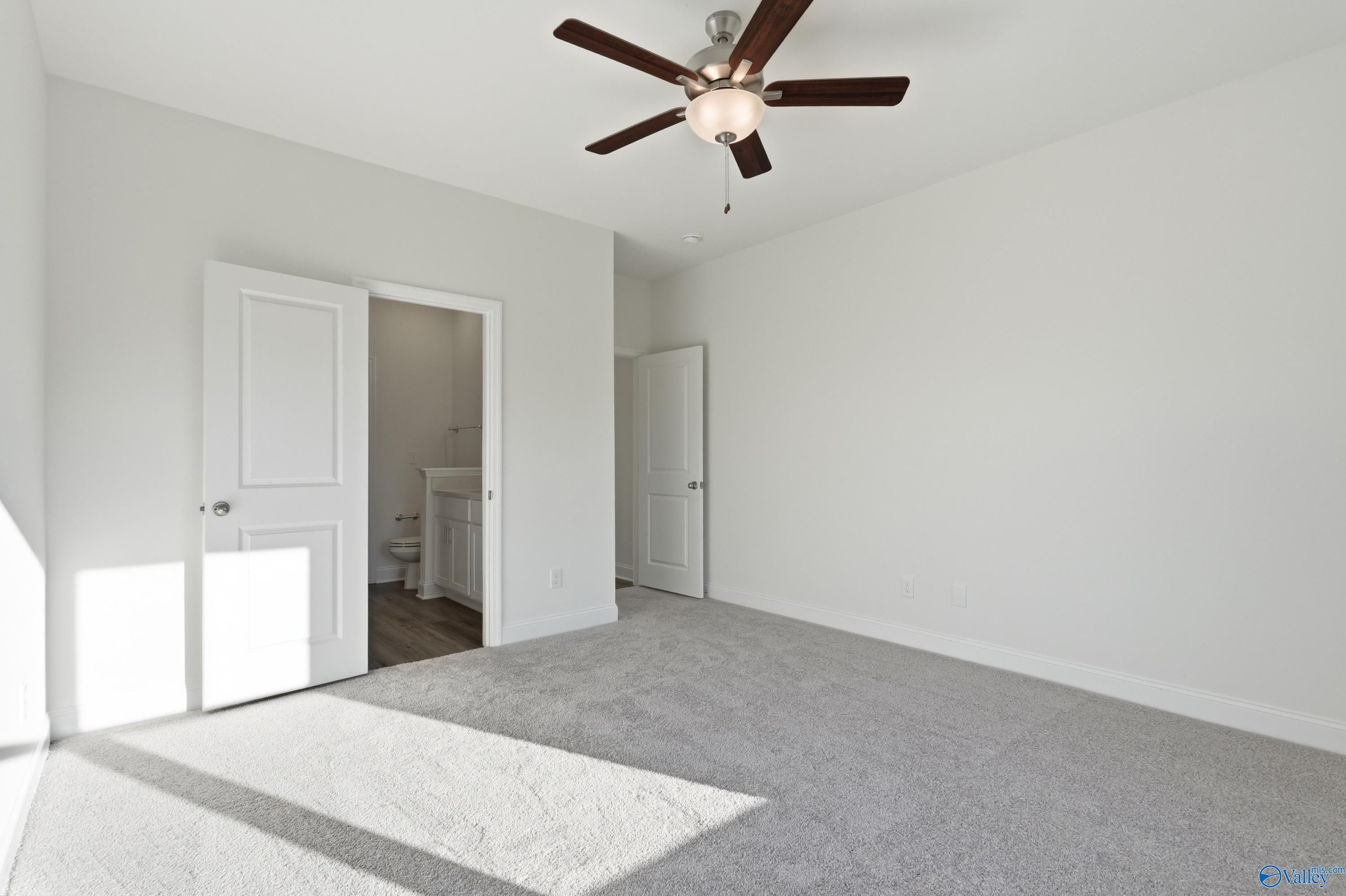 Bright master bedroom with ceiling fan, gray carpet, and open doors to en-suite bath in Davidson Homes The Asheville C, Meridianville, Alabama