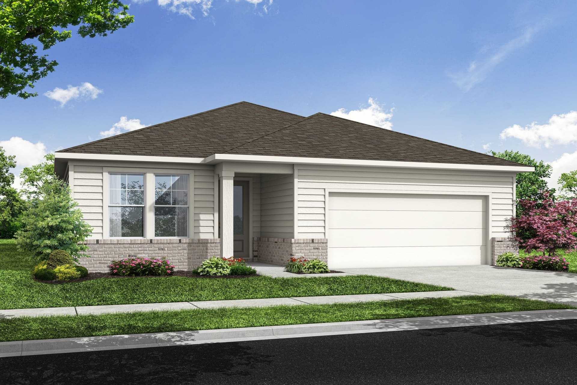 The Glenwood D single-story home elevation in Hoschton Georgia with beige siding, brick base, covered porch, and two-car garage