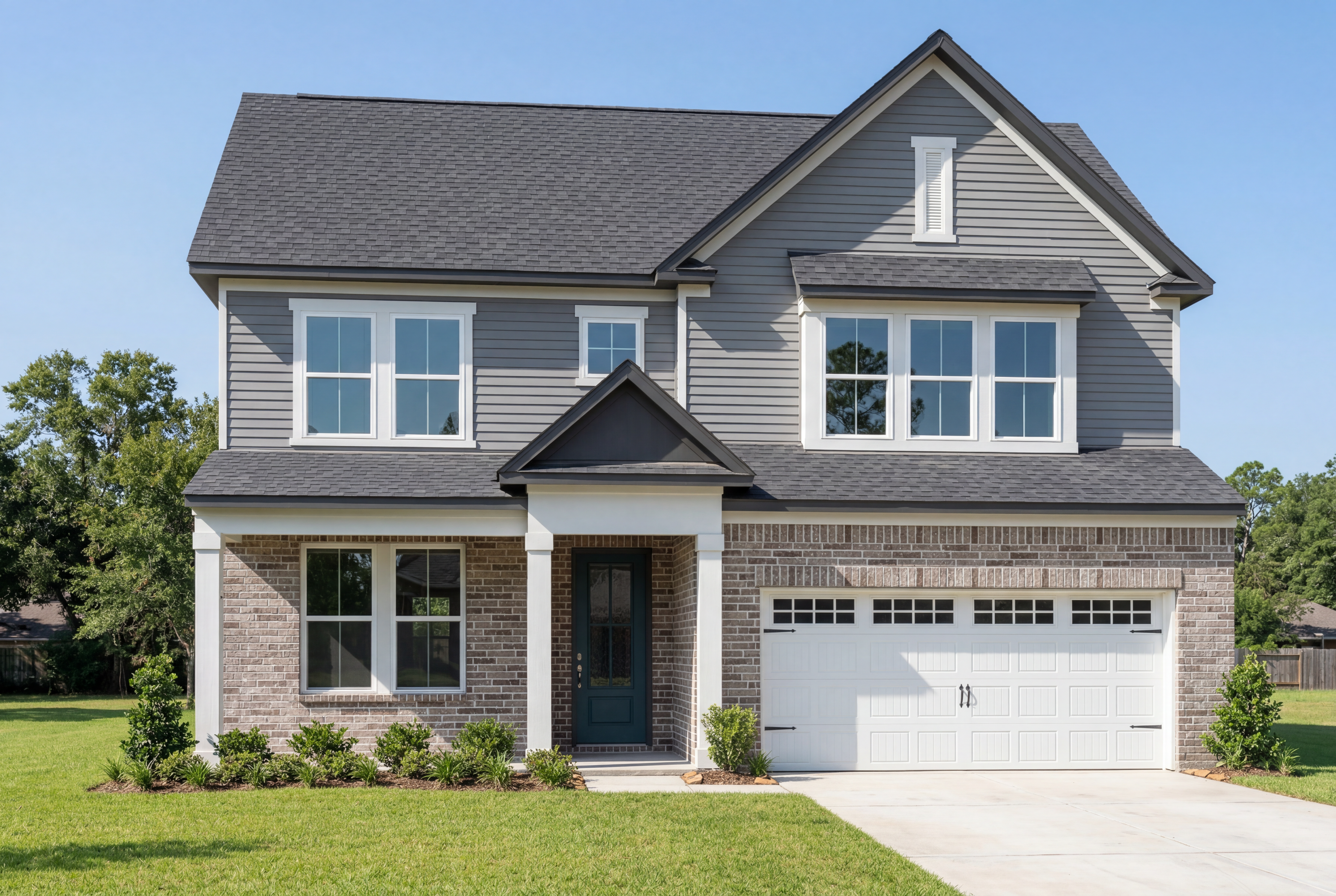 Ashport M two-story home elevation with brick and vinyl exterior, 2-car garage, and landscaped yard in Mooresville NC