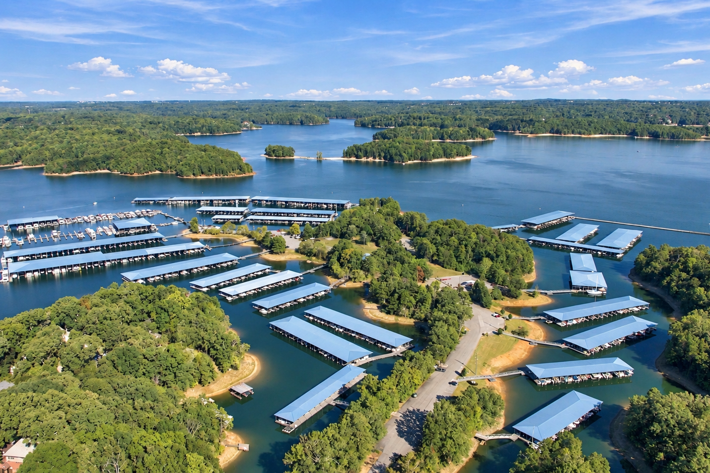 Aerial view of Lake Lanier marina with covered boat docks near Lake Hollow community in Gainesville, Georgia