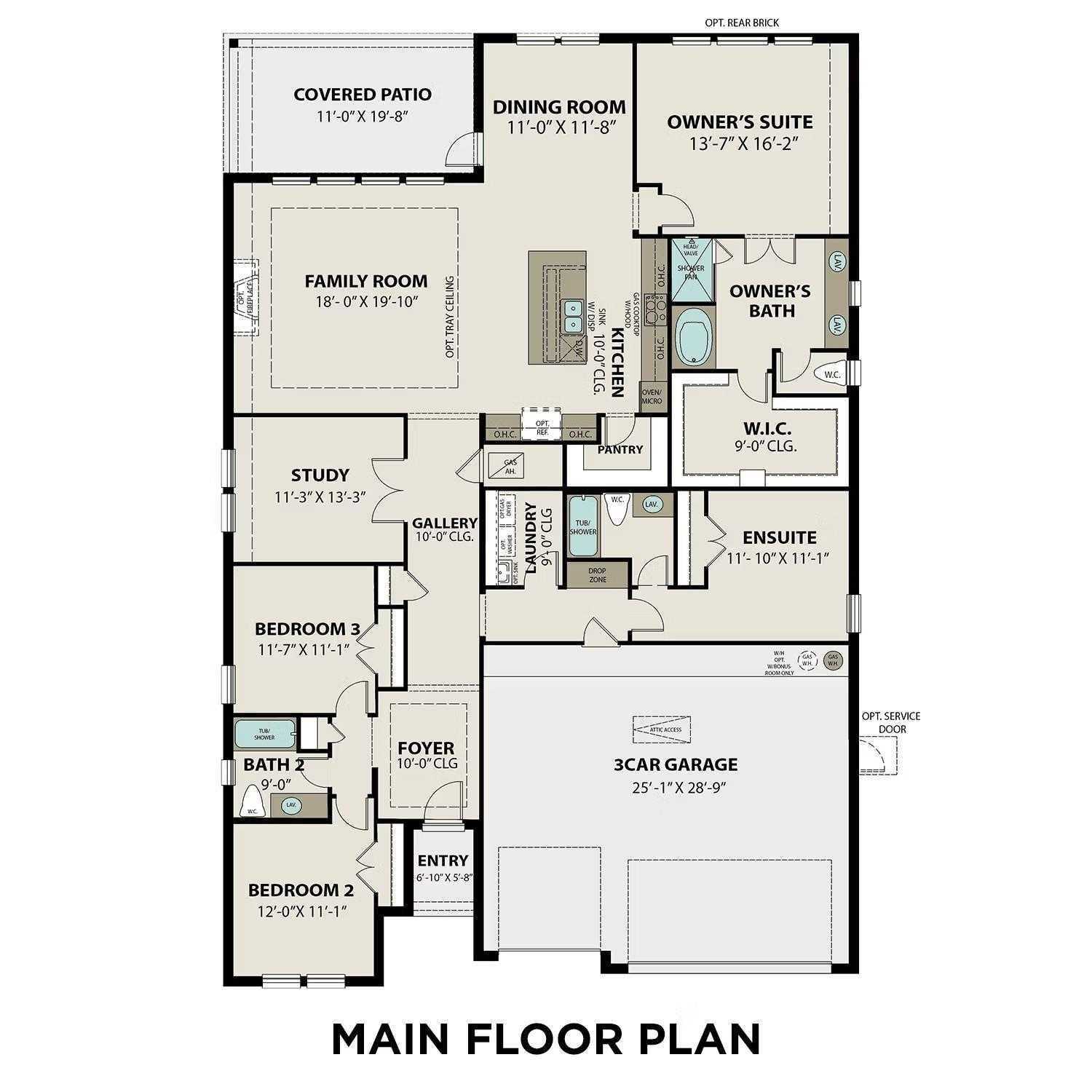 Detailed main floor plan of The George A 5-bedroom, 4-bath home by Davidson Homes in Lago Mar, Texas City, Texas